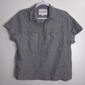 LOLA RIVER Linen Blend Minimalist Grey Short Sleeve‎ Blouse Top S